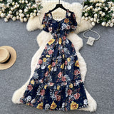 French Famous Breeze Mashed Flowers Bubble Sleeves With Dress Women Summer Waist Repair Royal Sister Temperament Beautiful Long Dress