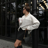 Spring 2025 New Women's Simple Fashion Gentle Stripe Collar Half-Open Zipper Knitted Sweater Woman
