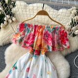 One-Word Shoulder Lotus Leaf Side Waist Dress Female Design Feel In The Pendant Pendant Print Chiffon Dress