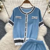 Small Fragrant Breeze Sleeze Sleeze Round-Neck Collar Knitted Top Women High-Waisted Leisure Broad-Legged Pants Summer Suit