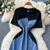 Korean Version Of Fashion Elegant Irregular Short Sleeve Splicing Diamond-Singed Waist Denim Dress Women's Summer Open Fork Long Dress