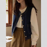 Fashion Retro Denim Vest Women Spring And Autumn Folding Waist Coat Outside A Small Design Feel Shoulder Clip