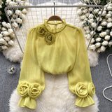 French Shirt Female Design Sense Small Three-Dimensional Flower Bubble Sleeves To Reduce The Age Of Pure Color Chiffon Shirt Women's Long-Sleeved Top