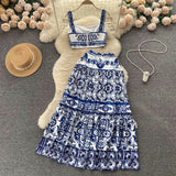 Blue And White Porcelain Printing Set Of Women In Summer Pure Desire To Bare Belt Slings Small Vest + High Waist Mid-Dress Skirt
