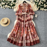 Vintage Court Print Flip Lantern Sleeves To Close Waist Single Buckle Dress Women Thin Elegant Long Dress