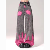 High Street Graffiti-Print Straight Jeans Women High-Rise Thin Legs Loose-Fall Tug On The Ground Long Pants Tide