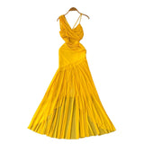 Yellow Dress Women's Holiday Dress 2025 New Heart Machine Shoulder Slings Irregular Bagged Dress