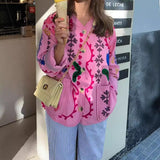 Women's Clothing 2025 New Pink Casual Wind Flowers Long-Sleeved Blouse Single-D Row V-Neck Jacket Woman