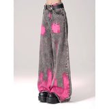 High Street Graffiti-Print Straight Jeans Women High-Rise Thin Legs Loose-Fall Tug On The Ground Long Pants Tide