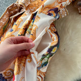 Wearing A Women's Court Style V Tie With A Belt Net Yarn Bubble Sleeve Print Large Swing Long Joint Dress