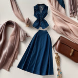 French Age-Down Suit Women's Summer Ripe Wind Folds Back-Clip-Free Denim Blouse + High Waist Half