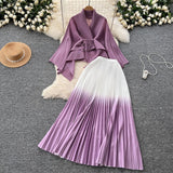 Miyajie Wrinkled Butterfly Sleeve Gradient With Shawl Short Coat Top + Gradient 100 Folded Skirt Two-Piece Suit