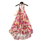 Summer Three-Dimensional Flowers Hanging Neck Slings Loose Short A-Shaped Dress Women's Lotus Leaf Side Vacation Skirt