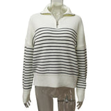 Spring 2025 New Women's Simple Fashion Gentle Stripe Collar Half-Open Zipper Knitted Sweater Woman
