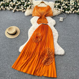 Three-House Folded Two Sets Of Women's Waist Repair Short Sleeve Pressure Folded Blouse Flowers High Waist 100 Folds Skirt