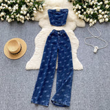 Hottie Style Metal Buckle Printing Design Chest Vest + High Waist Lanky Pants Cowboy Suit