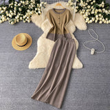 Design Sense Of The Color Short Sleeve Knitted Cardigan Top + High Waist Long Skirt Summer Wearing Two Sets