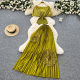 Three-House Folded Two Sets Of Women's Waist Repair Short Sleeve Pressure Folded Blouse Flowers High Waist 100 Folds Skirt