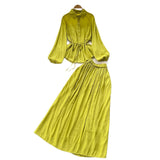 Extremely Simple Style Solid Temperament Suit Women's Spring Bubble Sleeve Strap Shirt + Tight Waist Slim Half Body Long Skirt