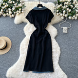 Light-Cooked Fashion Niche Fashion Heavyweight Diamond Lace Splicing Polo Collar Short Sleeves Denim Waist Dress Women's Summer Dress