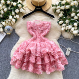 French Sweet Atmosphere Feel Bra Dress Women Summer Three-Dimensional Flowers Small Hot Babes Ponmp Short Skirt