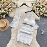 Seaside Wearing A Holiday Style Suit Female Retro Hook Hanging Neck Vest + Hollow Open Shirt + Half-Dress Three-Piece Set