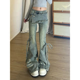 Overlapping Skirt Jeans Women Autumn Retro Do Old Water Wash High Waist Tie With Horseshoes Super Fire Korean Micro-Rave Pants