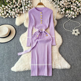 Small Fragrant High-End Autumn And Winter Round Collar With Thick Knitted Dress With Belts And Hips Skirt Sweater