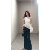 Real Price White Irregular Slanted Shoulder Sling Vest Women's Summer Design Slimming High-End Feel Blouse