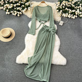 Seaside Holiday Style Suit Women's Niche Net Red Explosive Strapped With Waist Long-Sleeved Knitted Shirt Hollow Skirt Set