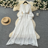 French High-End Temperament Fashion V-Neck Lantern Sleeve Strap To Close Waistguel Dress Female Elegant Long Dress