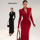 New Women's Fashion Elegant Shoulder-To-Shoulder Knitted Blouse Striped Shoulder-Long Dress