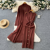 Cincupies Senior Sense Loose External Medium And Long Knitted Cardigan Jacket + Sleeveless Metal Buckle Joint Skirt