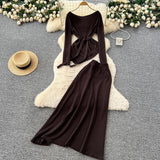 French Temperament Wears A Female Autumn And Winter Design Sense Of Irregular Strap To The Waist Long-Sleeved Knitted Shirt + High Waist Half-Dress