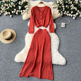 Korean Wearing A Female Gentle Windy Hooks Long-Sleeved Knitted Shirt + High-Rise Thin Half Skirt