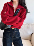 Design Sense Half-High Collar Zipper Red Knitted Shirt Women's Short Autumn And Winter New High-Waist Sweater Loose Thick Coat