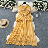 French High-End Neckline Bow Tie Lantern Sleeve Lace Lace To Receive Waist Wave Dot Skirt Chiffon Dress
