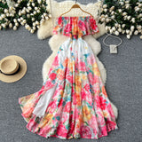 One-Word Shoulder Lotus Leaf Side Waist Dress Female Design Feel In The Pendant Pendant Print Chiffon Dress