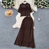 Summer Dress A Complete Set Of Women's Han Yen-Down Short-Sleeved Knitting Blouse High Waist Slim Half Body Skirt Two Sets