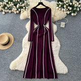 French High-End Sense Niche Fashion Side To Receive Waist Round Collar Long-Sleeved Sweater Dress Female Thin Dress
