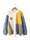 Autumn And Winter Cowboy Sleeve Splicing Bumpy Smiley Face Loose-Fitting Sweater Round Collar Knitted Bottoming Shirt Woman
