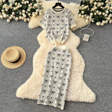 Knitted Suit Women's 2025 Summer High-End Round-Neck Short-Sleeved Bow Print Top High-Waisted Hip Skirt