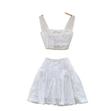 Spice Girls Hollow Embroidery Suit Female Sling With Short Waist Vest + High-Waist A-Word Skirt Sexy Two