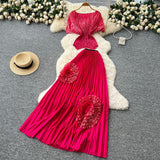 Three-House Folded Two Sets Of Women's Waist Repair Short Sleeve Pressure Folded Blouse Flowers High Waist 100 Folds Skirt