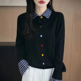 Autumn And Winter Knitted Open Shirt Two Lattice Collar Shirt Early Spring New Color Fashion Splicing Coat Sweater