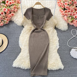 Tight-Up Thin Collar Knitted Dress Short Sleeve 2025 Summer New Temperament Sexy Hot Ass Long Skirt