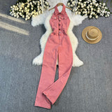 Summer Denim Panties Femininity Hanging Neck Sleeveless Backs High Waist Slimmed Denim Jumpsuit