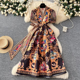 Wearing A Women's Court Style V Tie With A Belt Net Yarn Bubble Sleeve Print Large Swing Long Joint Dress