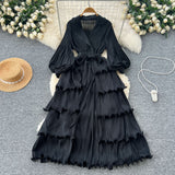 2025 New Elegant Dress Spring Dress High-End Retro Collar Lantern Sleeves To Close Waist Lotus Leaves Side Pressure Skirt Dress Woman
