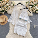 Seaside Wearing A Holiday Style Suit Female Retro Hook Hanging Neck Vest + Hollow Open Shirt + Half-Dress Three-Piece Set